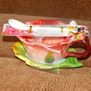 Corner Ruby Garden Collection Salmon Pink Flower Teacup Leaf Saucer & Spoon NWT